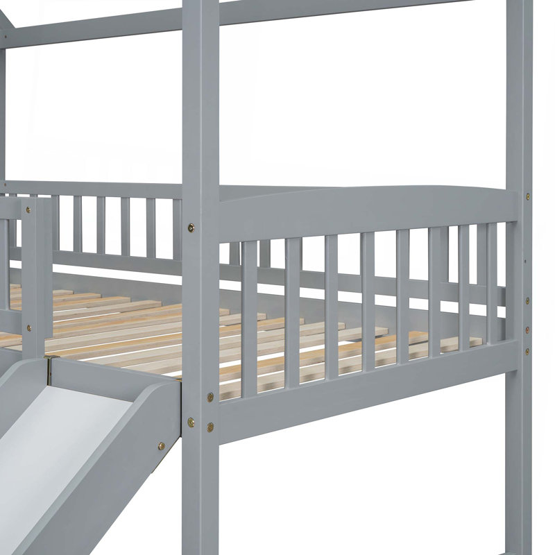 Full Over Twin Bunk Bed With Slide, House Bed With Slide, Gray