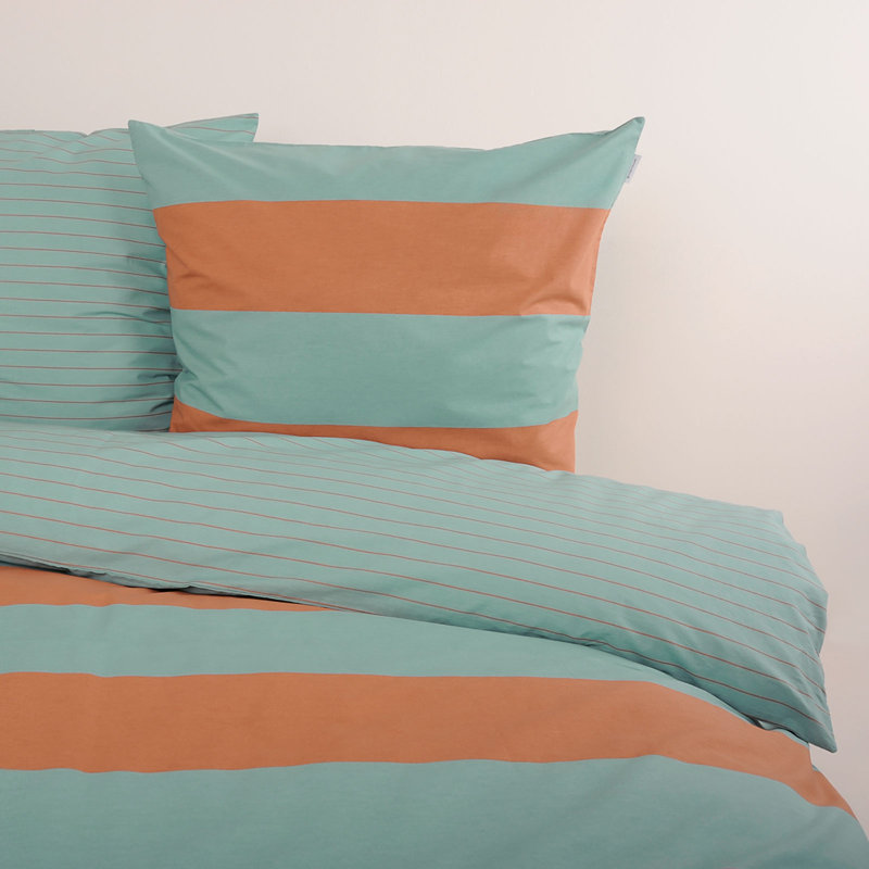 BOLD STRIPES Cotton Duvet Cover Set Set, 155 x 220 cm + 80 x 80 cm, Warm Coral/Fresh Sage
