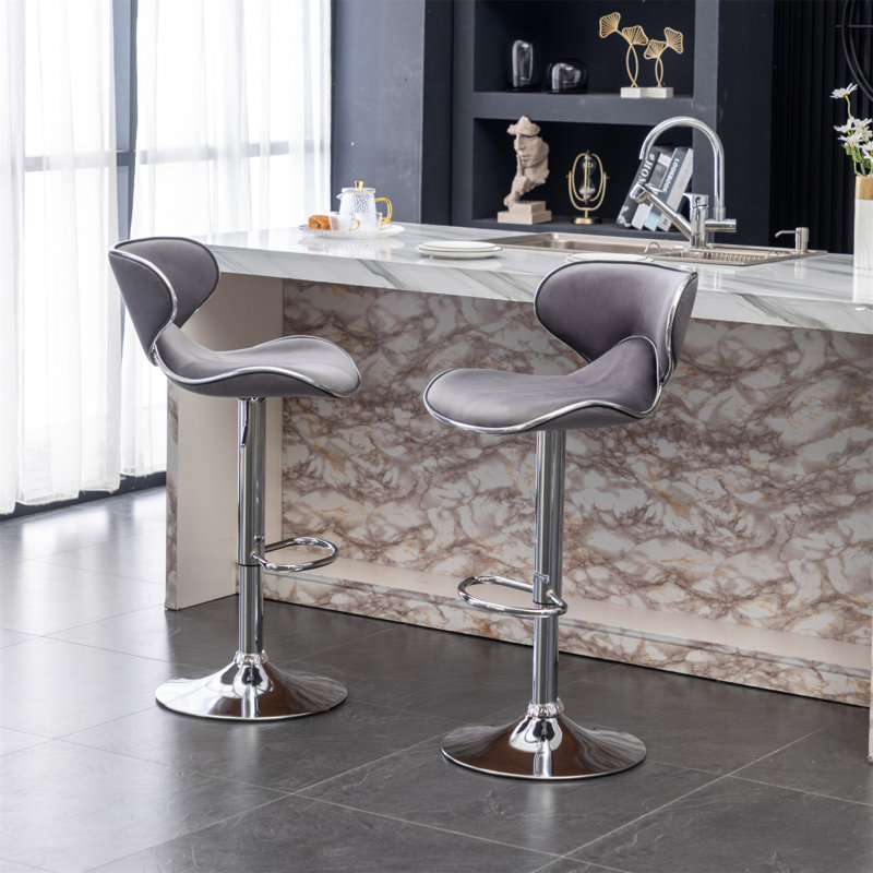 Masaccio Velvet Upholstered Adjustable Swivel Barstool, Set Of 2, Gray