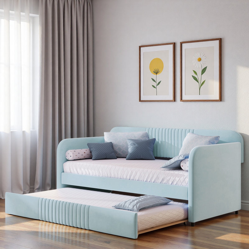 Upholstered Daybed With Trundle And Wood Slat, Light Blue