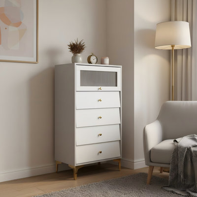 Commode 4 tiroirs, tour de rangement moderne de 44,5 po de haut avec porte en verre cannelée rabattable, poignées et pieds dorés