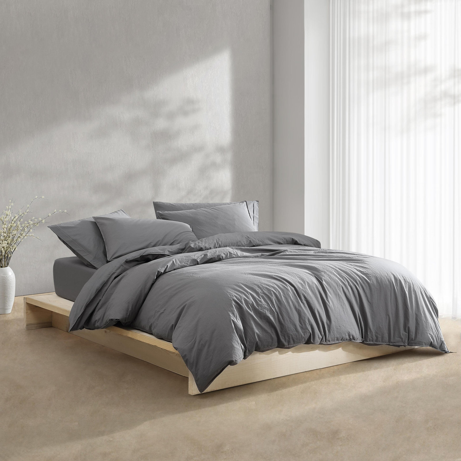Calvin Klein Washed Percale Solid Cotton Duvet Cover Set, Queen Duvet Cover + 2 Standard Shams, Dark Gray