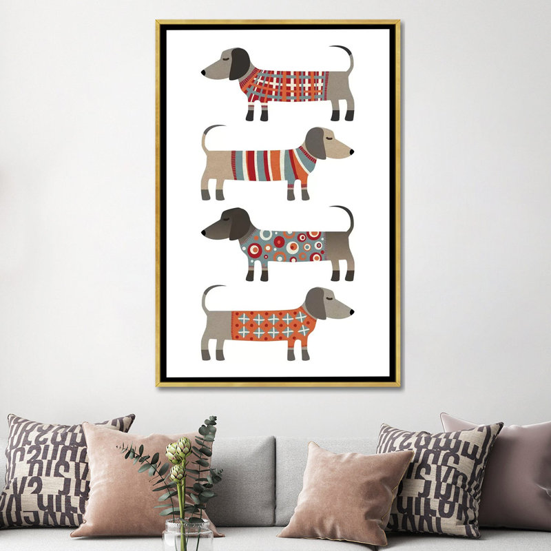 «Sausage Dogs in Pulls» par Nic Squirrell - impression, H 60 po x l 40po x P 1,5 po, Pas de tapis, Toile encadrée d'or