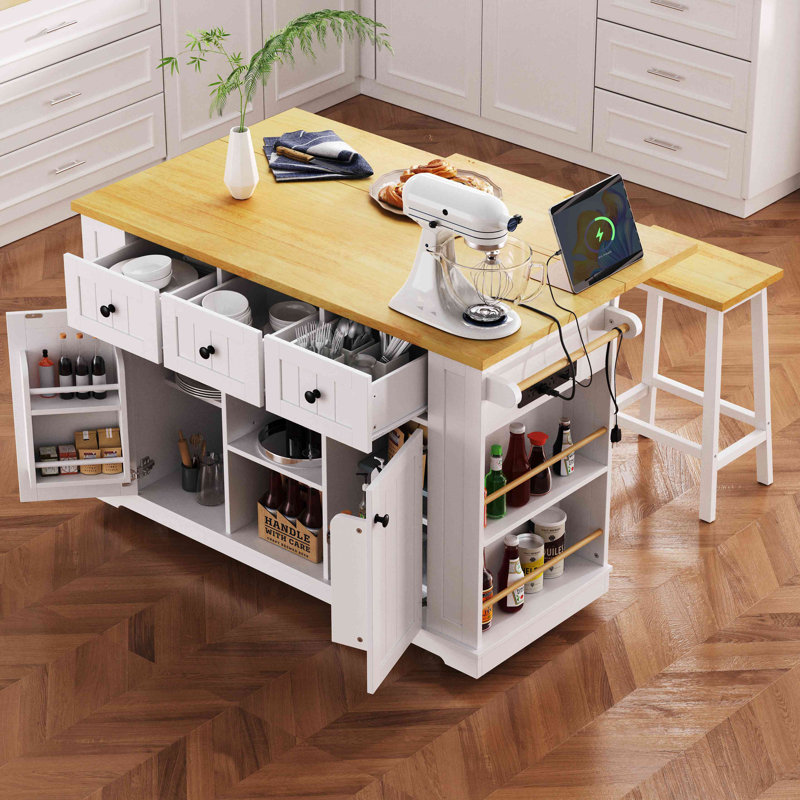 53Inch Large Kitchen Island With 2 Bar Stools, Power Outlet,Door Internal Storage Rack, Kitchen Storage Cart On 5 Wheels With Drop Leaf, 5 Open Side Racks, 3 Drawers, For Kitchen,Dining Room