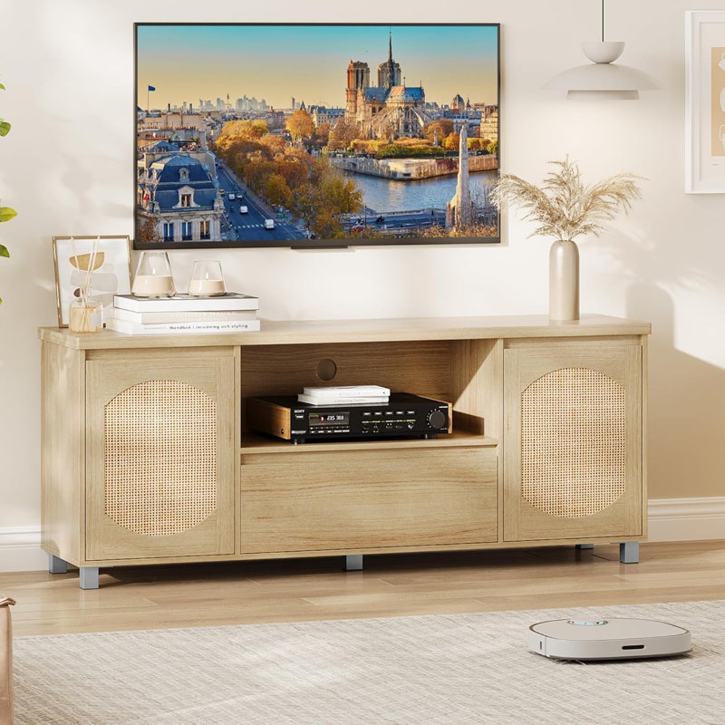 Fluted TV Stand For 65 Inch TV, Entertainment Center With Storage Drawer, Beige