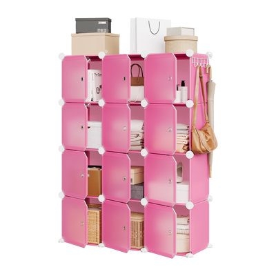 Modular Shoe Storage Cabinet, 12-Cube Stackable DIY interlinked Plastic Organizer with Translucent Doors - Waterproof Panels - Easy Assembly - 95×34×124 cm, Pink