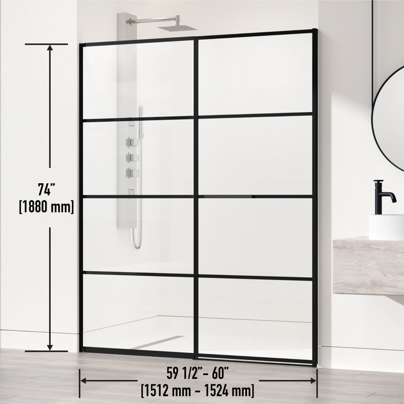 Meridian 60-in W x 74-in H Hinged Shower Door in Matte Black and Clear Grid Glass