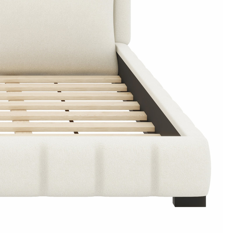 Classic Upholstered Platform Bed Frame with 2 Pillows, Blanc, Très grand lit