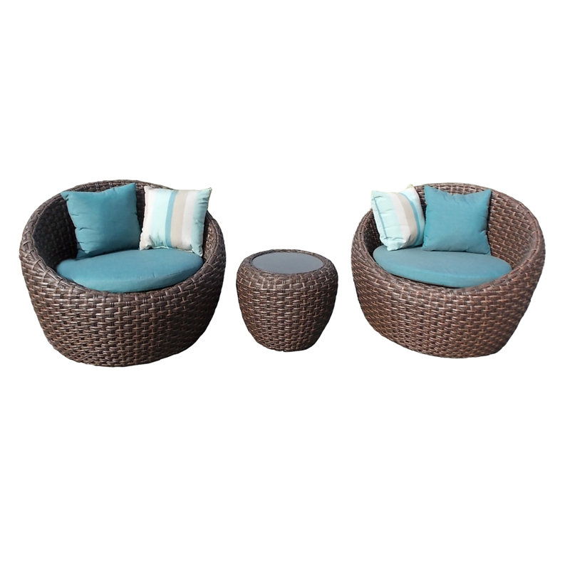 Ensemble de conversation avec coussins Sunbrella en rotin 3 pièces Corona, Sunbrella® bleu