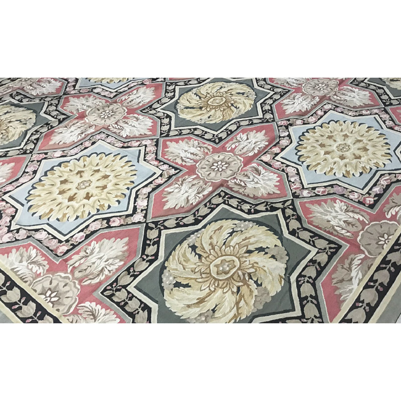 Hand-Knotted High-Quality Green and Rose Area Rug