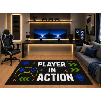 "Ultra Light Weight" 5' x 7' Player in Action Gaming Area Rug Modern Controller Graphic for Boys Teen Bedroom Game Room Playroom Non-Slip Silicone Backing Low Pile