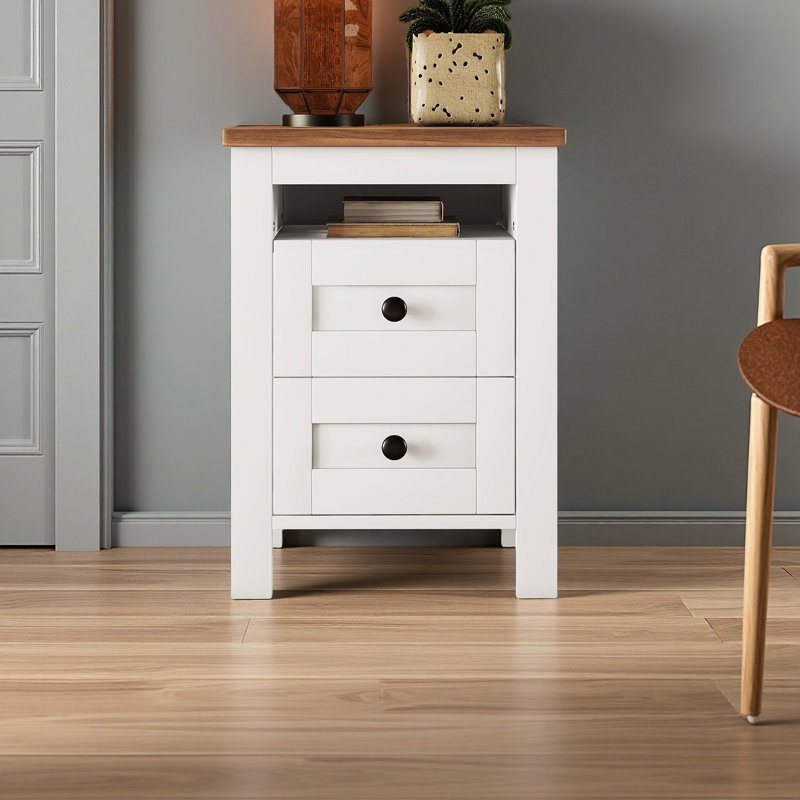 2-Drawer Farmhouse Wooden Nightstand With Well-Proportioned Design And Sleek Lines, White/Brown
