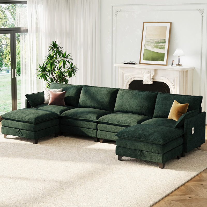 Canapé modulaire en forme de U de 140 po avec deux repose-pieds, Chenille verte