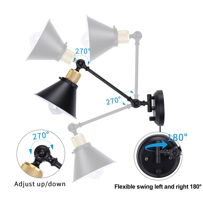 Applique murale à brancher, appliques murales à intensité variable avec bras articulé et cordon d'alimentation, lampe murale avec interrupteur marche/arrêt à variateur, homologuée UL (paquet de 2, 2 ampoules incluses)