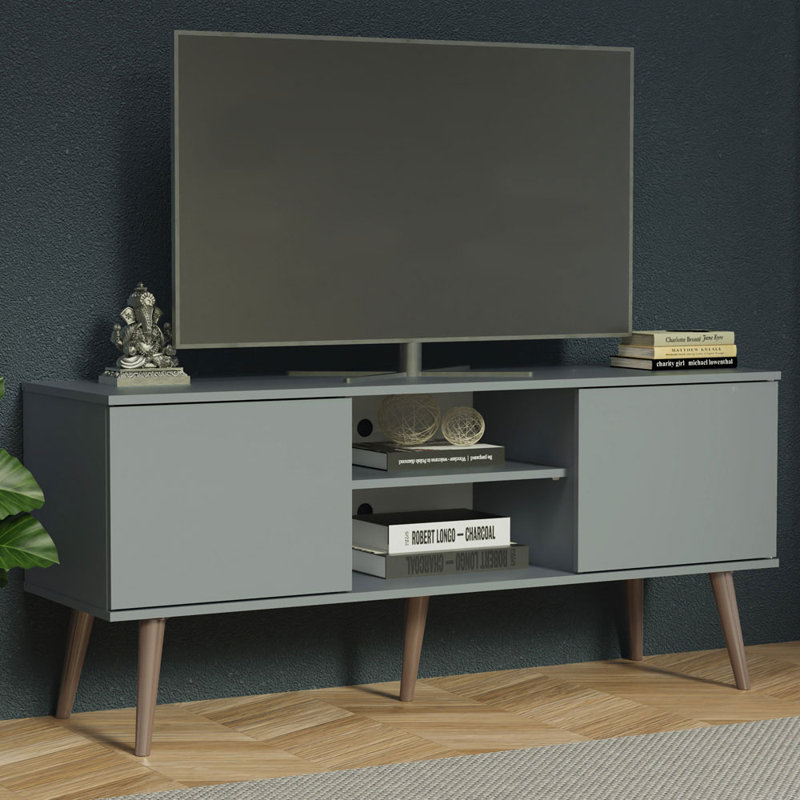Konyn TV Stand Console with 2 Doors and 2 Shelves with Cable Management for 50, 55 Inch Media Storage Media Console Office Entertainment Center Wooden Television Cabinet