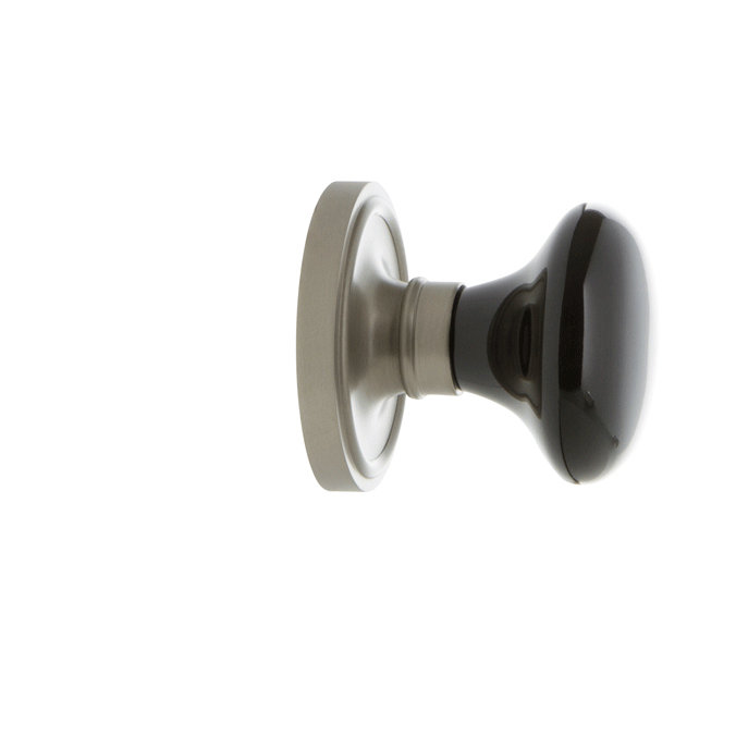 Rosette classique avec bouton de porte en porcelaine noire, Nickel satiné