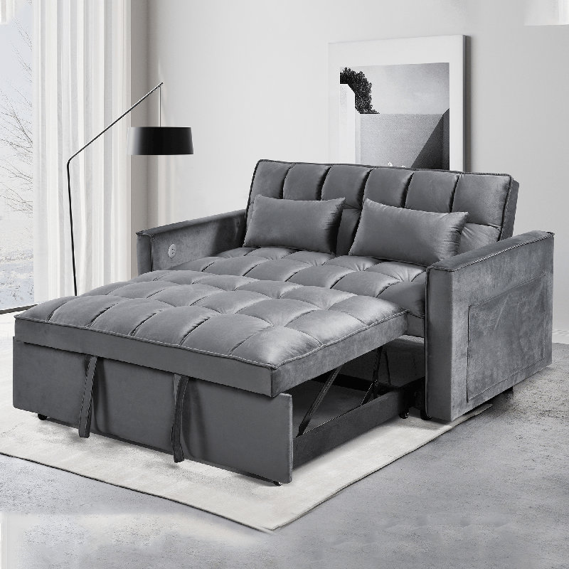 3 In 1 Convertible Sleeper Sofa Bed, Pull Out Couch For Living Room With Side Pocket, Loveseat Sleeper With Adjustable Backrest