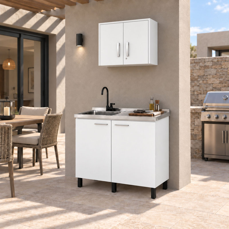Ensemble d'armoires de cuisine en bois manufacturé moderne Alabama avec base d'évier et armoire murale, blanc, Blanc