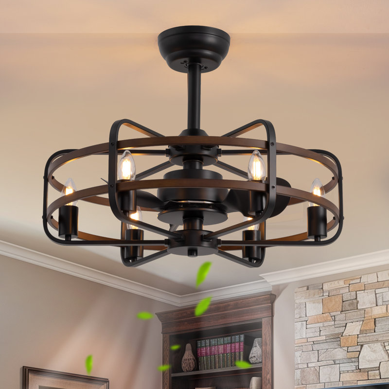 Cantin 24.8" Classic Black Caged Farmhouse Ceiling Fan With Light Kit and Remote Control, Walnut/Black