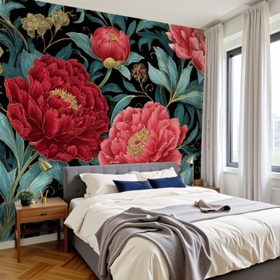 Papier peint adhésif de style baroque à motif floral botanique bourgogne bleu sarcelle à détail élevé H 100 po x l 144 po Papier mural amovible en PVC auto-adhésif pour chambre à coucher, bureau à domicile, bureau