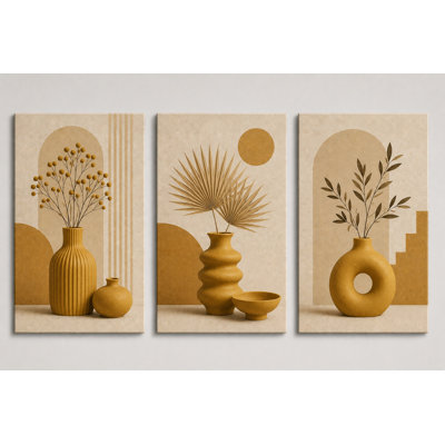 Grand ensemble de 3 impressions sur toile botaniques abstraites sur fond de vase jaune moutarde pour chambre à coucher, décor moderne, impression sur toile sans cadre 16 x 24 pouces - prête à être accrochée