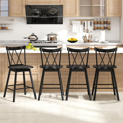 Windsor Bar Stool Set of 4 24'' Swivel Rubber Wood Dining Chairs Spacious Seat Black