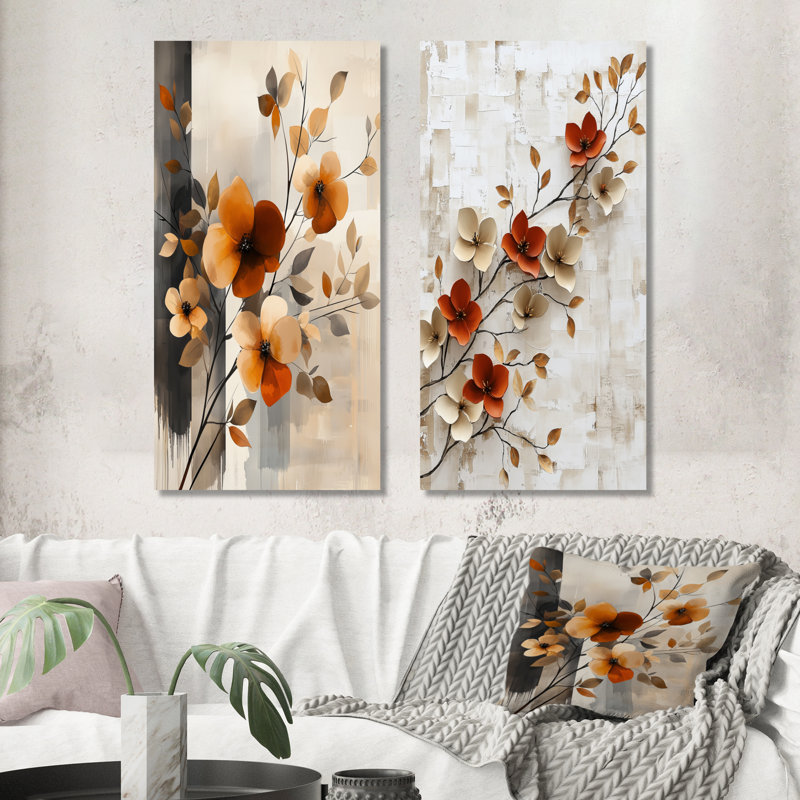 Ensemble de 2 bouquets de fleurs de cerisier orange et gris I - art mural cerisier en fleurs, H 28 po x l 24 po