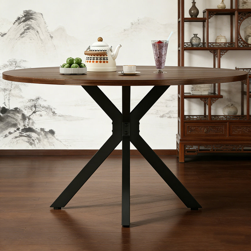 47.2" Solid Wood Round Dining Kitchen Table for 4-6 People, Black + Dark Walnut
