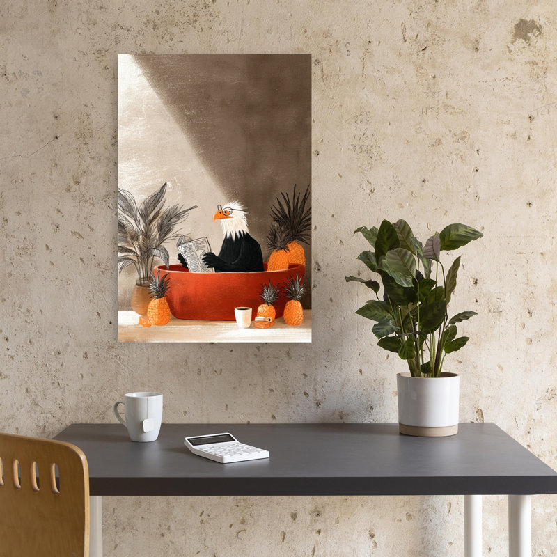 Thoughtful Eagle Reading Whimsical Contemporary Bird Eagle Fruit Plant Wall Art Print 1 Piece Wrapped Canvas Wall Art