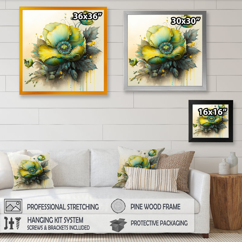 Green Blooming Flower II - peinture sur toile, Impression dorée sur toile encadrée, H 36 po x l 36 po x P 1,5 po