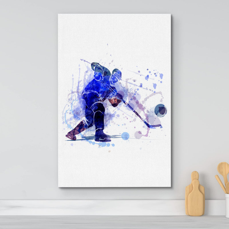 Bleu, aquarelle, explosion, hockey, joueur, sports, art numérique, moderne, rustique, exercice urbain, H 18 po x l 12 po