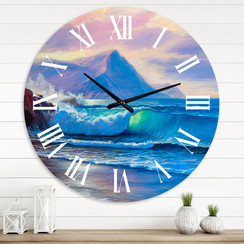 Blue Waves Breaking At The Beach I - Horloge murale nautique et côtière, Surdimensionné