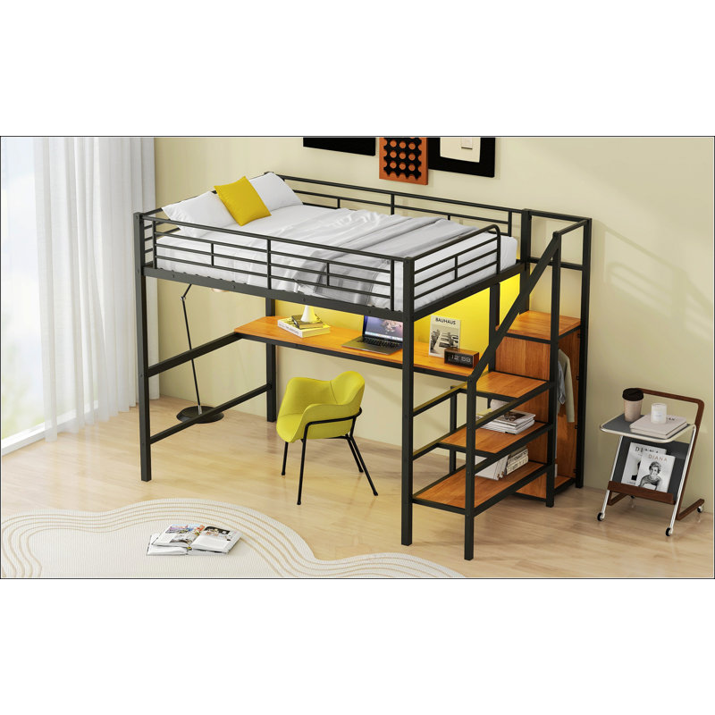 Lit mezzanine double en métal avec bureau, Noir