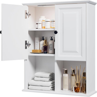 Armoire murale de salle de bain avec capteur de mouvement à DEL, armoire à pharmacie en bois, armoire de rangement au-dessus de la toilette avec charnières tampons et tablette réglable - blanc moderne