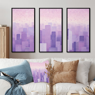 Lilac Layers Skyscrapers Urban Horizon - Skyscrapers Canvas Art Set