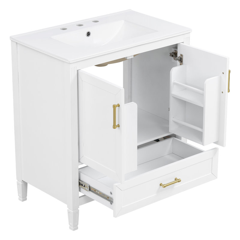 Meuble-lavabo sur pied cannelé de 76 cm (30 po) avec lavabo, portes et tiroir à fermeture amortie, blanc, Blanc, Blanc