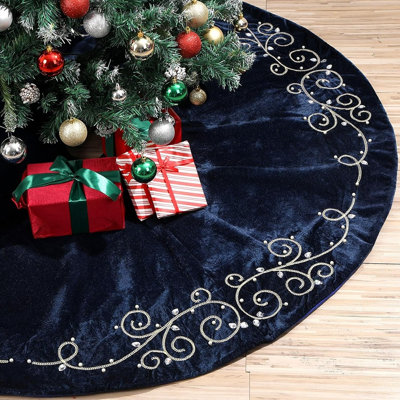 Luxury Navy Blue Velvet Christmas Tree Skirt, Plush Fur with Gold Embroidery, Pearls and Crystal Accents, Elegant Holiday Décor
