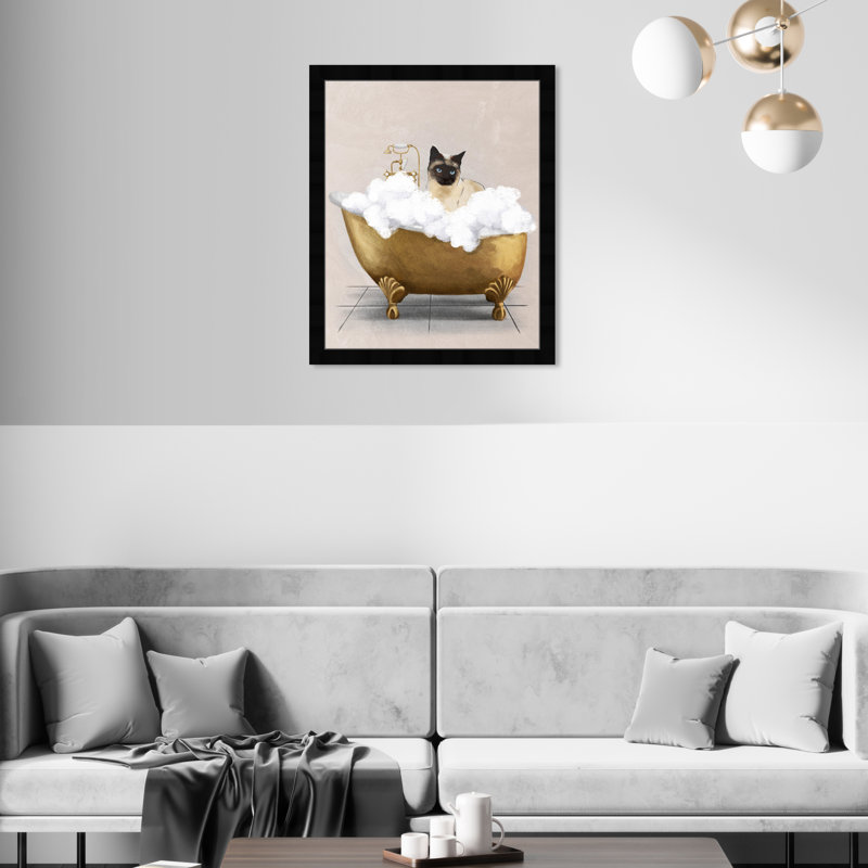 Bath Bath Cat - peinture encadrée, Cadre noir, H 18 po x l 18 po