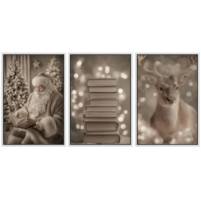 «Neutral Toned Christmas Trio with Santa, Books and Deer Art», reproduction d'art sur toile encadrée 3 pièces