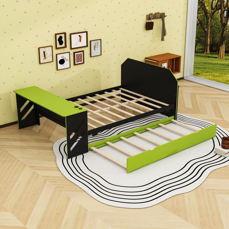 Full Wood Daybed with Twin Trundle, Desk and USB Port, Green