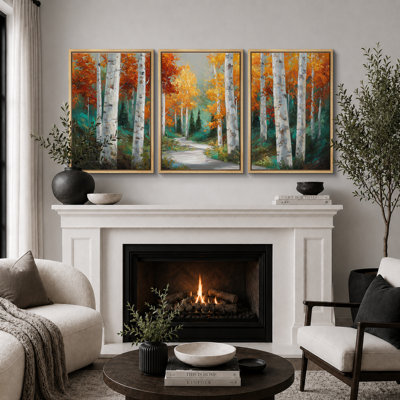 «Colorful Birch Tree Woodland», images de chambre à coucher, impression sur toile encadrée, 3 pièces, 16 po x 24 po x 3 pièces, 24 po x 36 po x 3 pièces