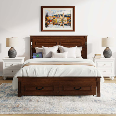 Elegant Farmhouse Bed with LED Lighting, USB Charging & Dual Storage Drawers