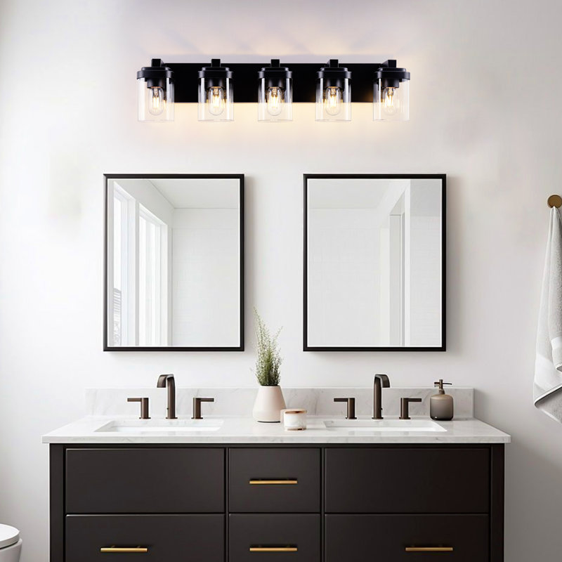 Matte Black Bathroom Vanity Light, 5-Light Vanity Lighting Fixtures Over Mirror, Square Design Wall Sconces With Clear Glass Shades