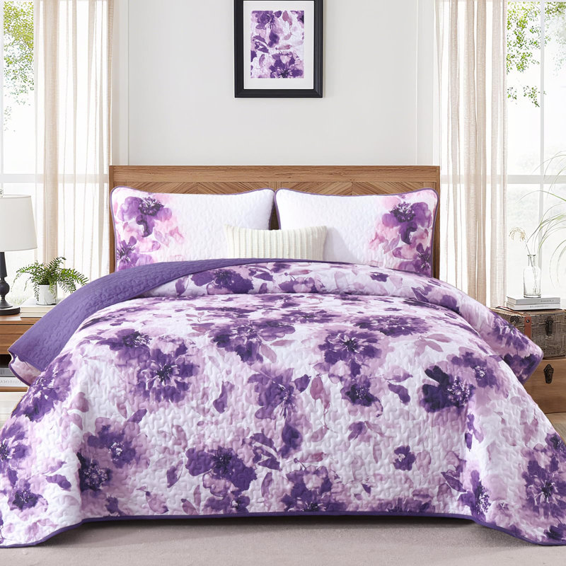Ensemble de courtepointe 3 pièces, Courtepointe pour lit grand + deux taies décorati, Mauve