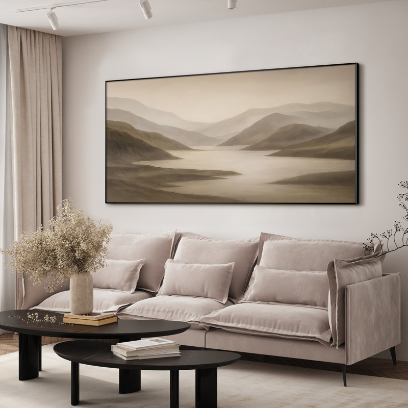 Extra Large Wall Art Fabric Print - Modern Neutral Abstract Landscape for Contemporary Home Artwork Decor for Living Room or Bedroom - "Frame Assembly Required (Unfinished Frame)"