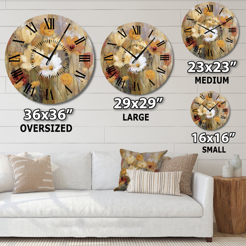 Horloge murale en métal « Champs de fleurs sauvages d'automne » - Maison jaune, Médium