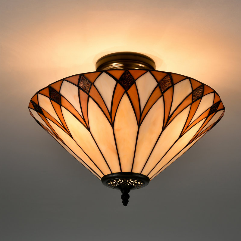 Stained Glass Semi Flush Ceiling Light, Brown