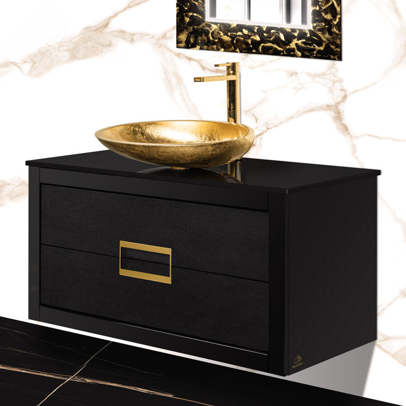Meuble-lavabo mural simple 40 po avec comptoir en verre trempé, Noir
