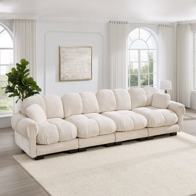 Canapé Chenille Cloud à 4 places, coussins exquis et coussins de dossier matelassés, accoudoirs rembourrés doux, conception ergonomique, assemblage facile, canapé à assise profonde pour le salon, beige crème