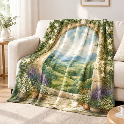 Plaid douillet en flanelle - Paysage d'arche toscane, verdure luxuriante, collines ondulantes, fleurs épanouies, aquarelle, léger, respirant, confort toutes saisons, élément décoratif pour canapé, fauteuil, salon et chambre